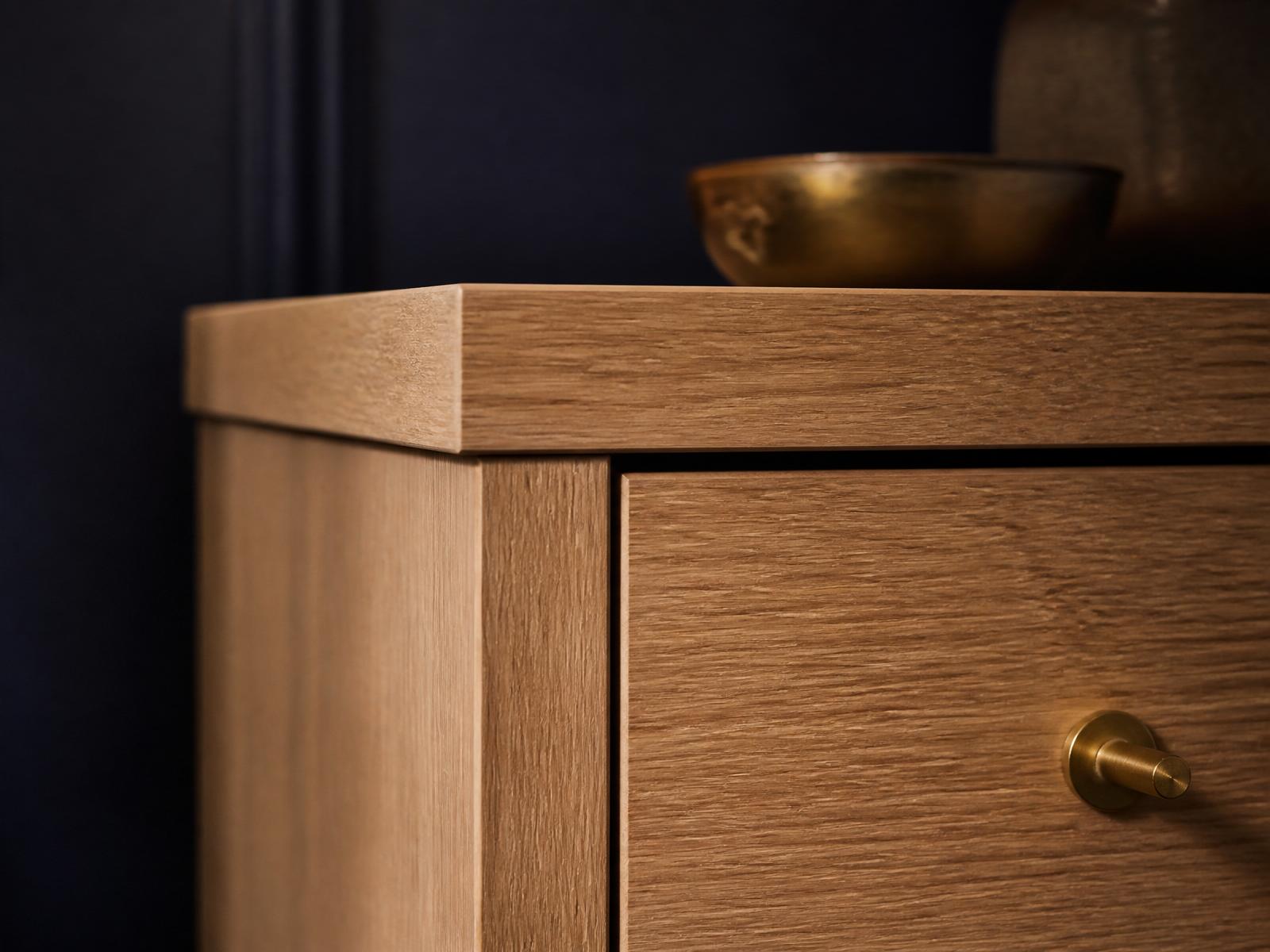 Close-up detail of finished cabinetry hardware backed by a 10-year workmanship warranty